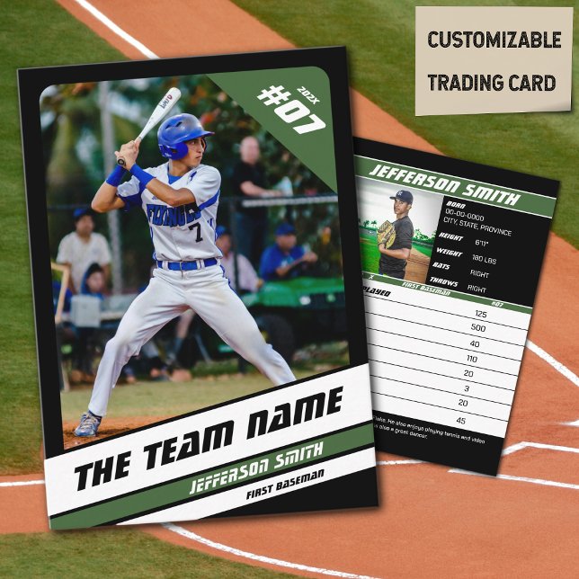 Baseball Team Trading Card Sport Gift Green (Baseball Player Trading Card in Black with Custom Team Name and White Green Elements)