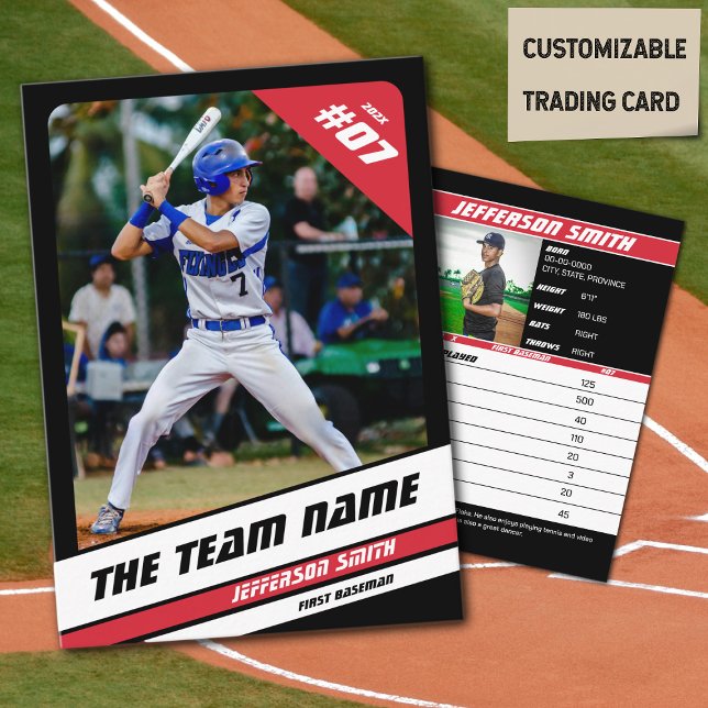 Baseball Team Trading Card Sport Gift Red (Baseball Player Trading Card in Black with Custom Team Name and White Red Elements)