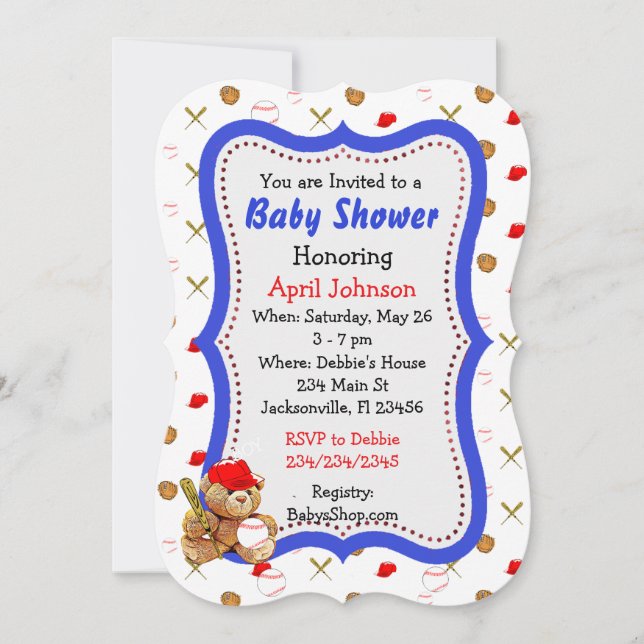 Baseball Teddy Bear Baby Shower Invites (Front)