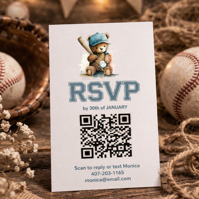 Baseball Teddy Bear Baby Shower QR Code RSVP  Enclosure Card (Creator Uploaded)