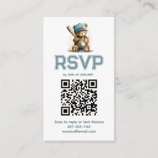Baseball Teddy Bear Baby Shower QR Code RSVP Enclosure Card