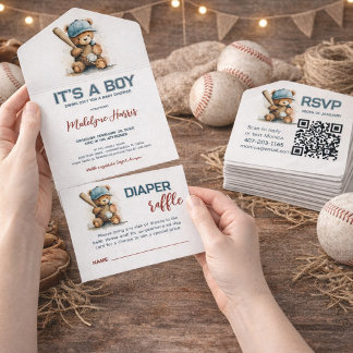 Baseball Teddy Bear Bory Baby Shower All In One Invitation
