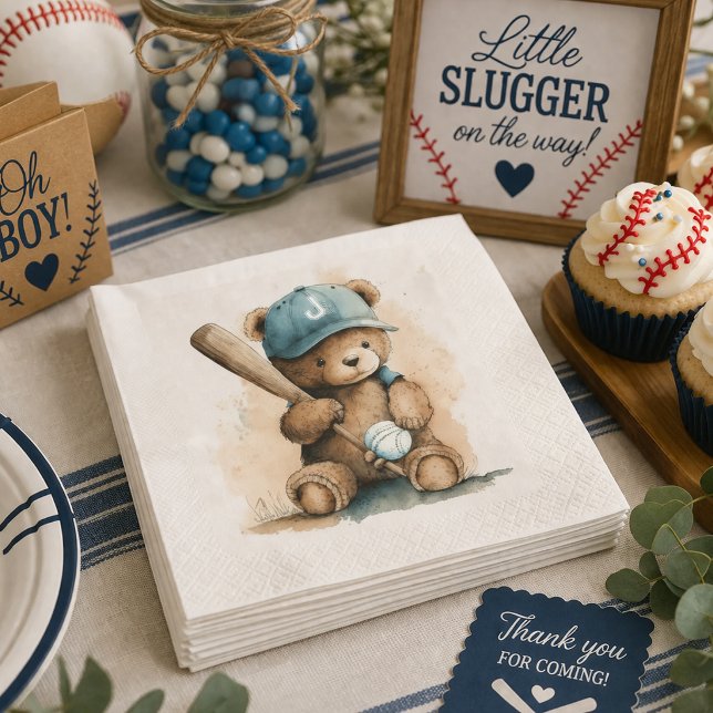 Baseball Teddy Bear Monogram Hat Bat Ball Baby Boy Napkin (Creator Uploaded)