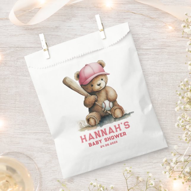 Baseball Teddy Bear Personalized Girl Baby Shower Favour Bag (Clipped)
