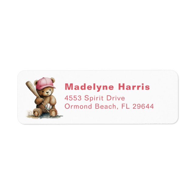 Baseball Teddy Bear Personalized GirlBaby Shower Return Address Label (Front)