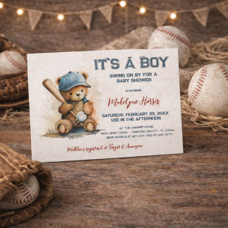 Baseball Teddy Bear Watercolor Boy Baby Shower Invitation Postcard