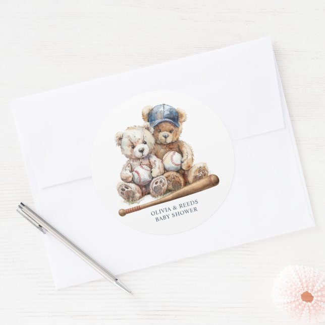 Baseball Teddy Bears Twins Baby Shower Classic Round Sticker (Envelope)