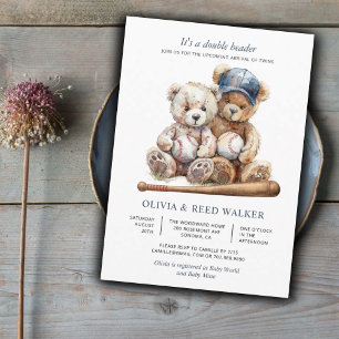 Baseball Teddy Bears Twins Baby Shower Invitation