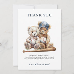 Baseball Teddy Bears Twins Baby Shower Thank You Card