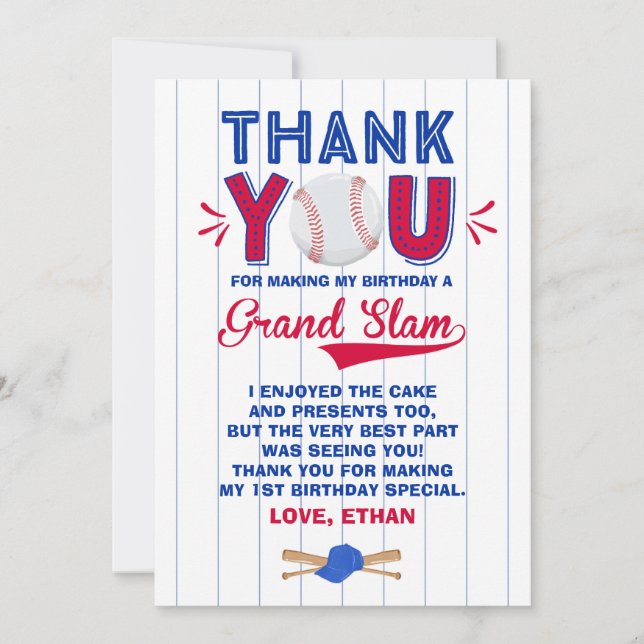 Baseball Thank You Card Baseball 1st Birthday (Front)