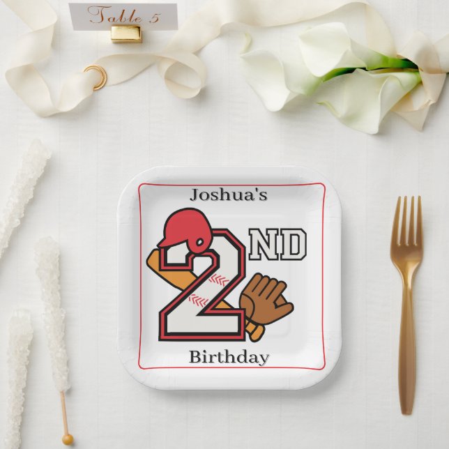 Baseball Theme 2nd Birthday Bat Ball Mitt Paper Plate (Wedding)