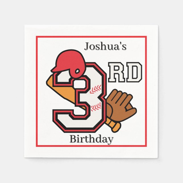 Baseball Theme 3rd Birthday Napkin Bat Ball Mitt (Front)