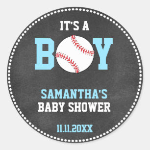 Baseball Theme Baby Shower Chalkboard Blue Boy Classic Round Sticker