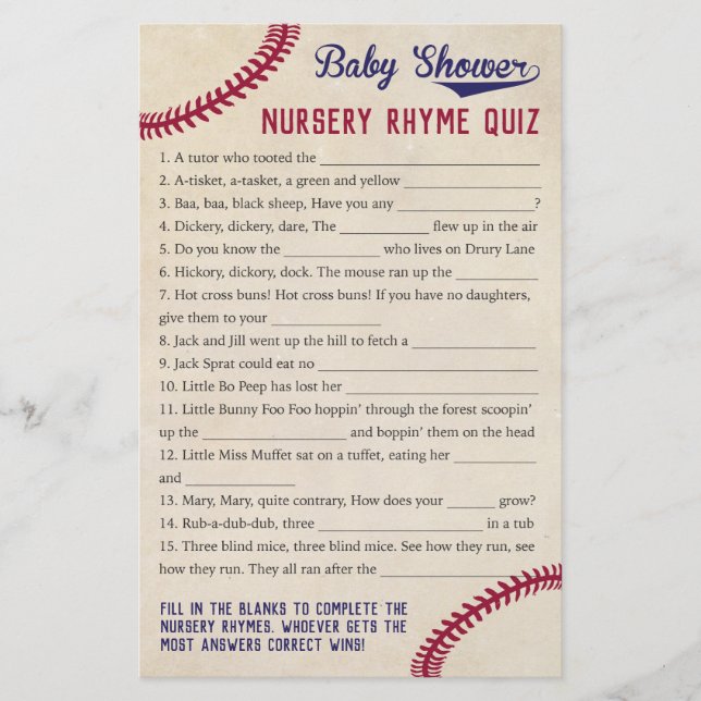 Baseball Theme Baby Shower Nursery Rhyme Quiz Game Flyer (Front)