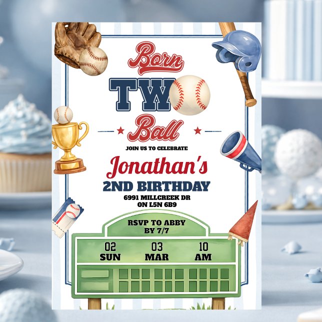 Baseball Theme Born Two Ball Second Birthday Invitation (Creator Uploaded)