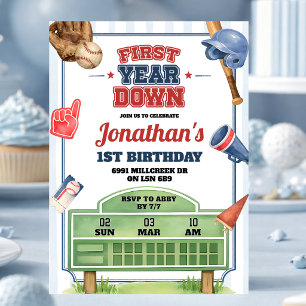 Baseball Theme First Year Down First Birthday Invitation