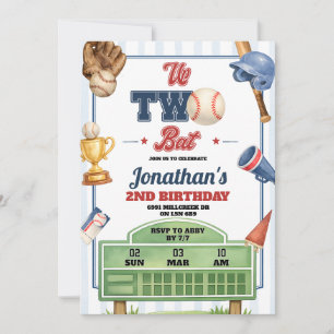 Baseball Theme Up Two Bat Second Birthday Invitation