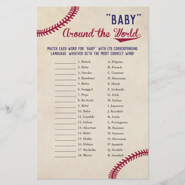 Baseball Themed Baby Around the World Translation Flyer (Front)