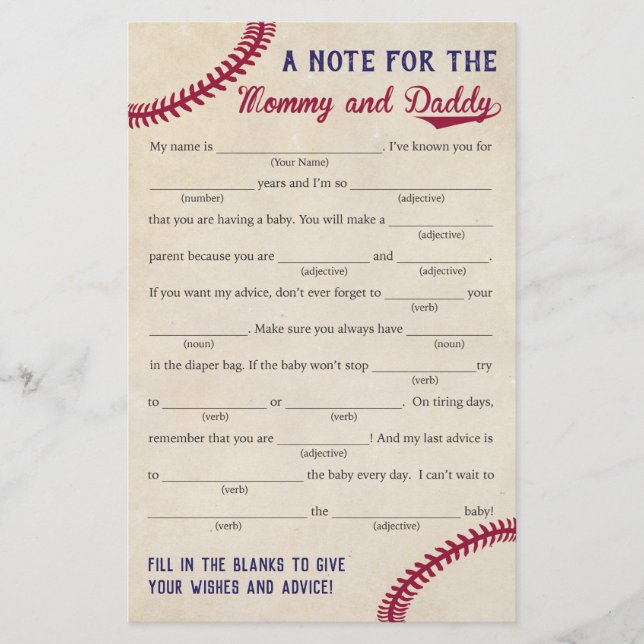 Baseball Themed Baby Shower Advice Game Cards (Front)
