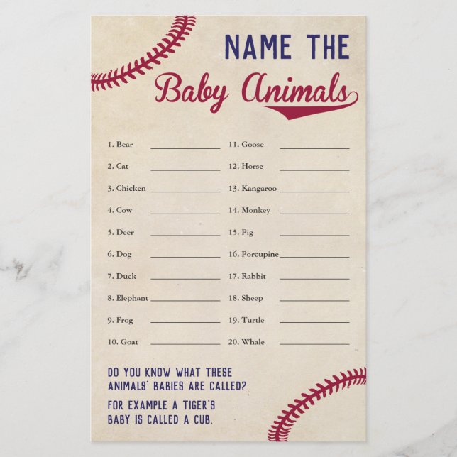 Baseball Themed Baby Shower Baby Animal Name Game Flyer (Front)