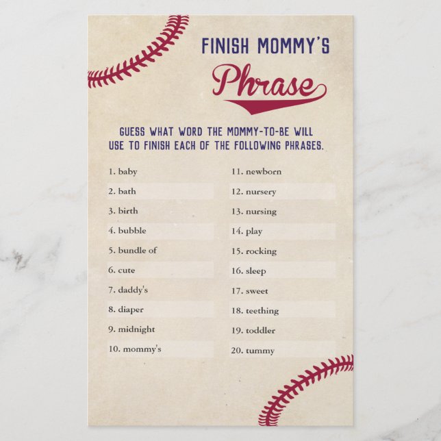Baseball Themed Baby Shower Finish Mummy's Phrase Flyer (Front)