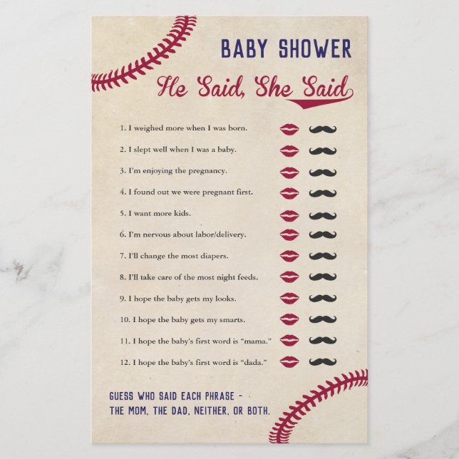 Baseball Themed Baby Shower He Said She Said Game Flyer (Front)