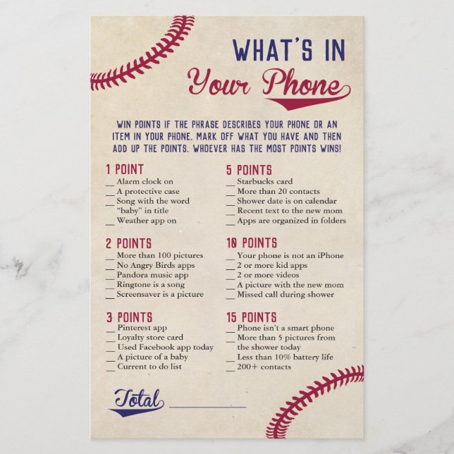 Baseball Themed Baby Shower What's in Your Phone Flyer (Front)