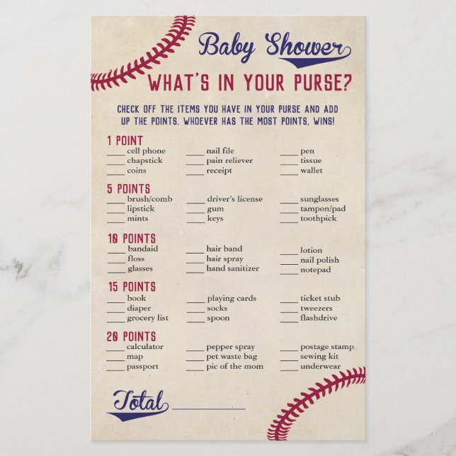 Baseball Themed Baby Shower What's in Your Purse Flyer (Front)
