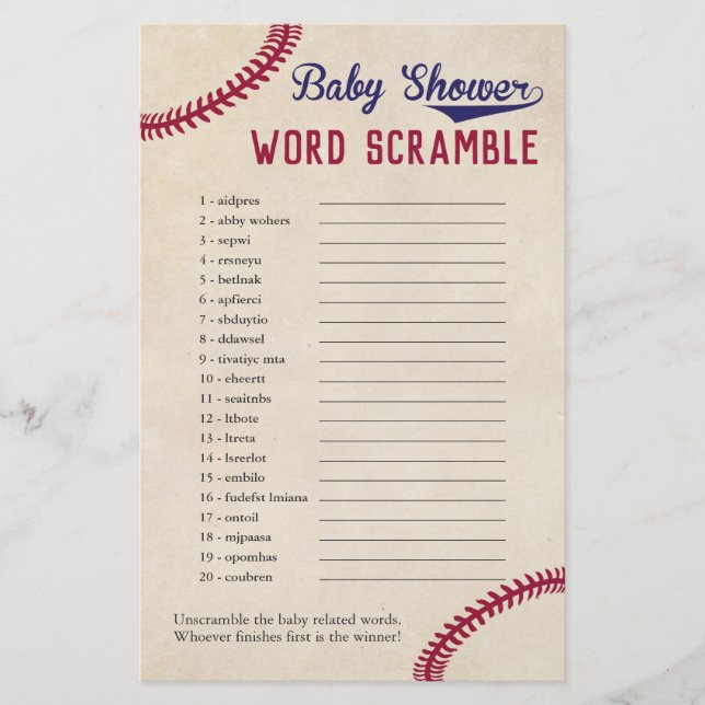 Baseball Themed Baby Shower Word Scramble Game Flyer (Front)