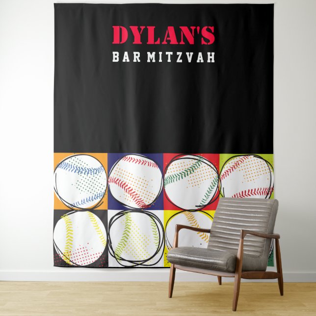 Baseball Themed Bar Mitzvah Photo Op Backdrop Tapestry (In Situ)