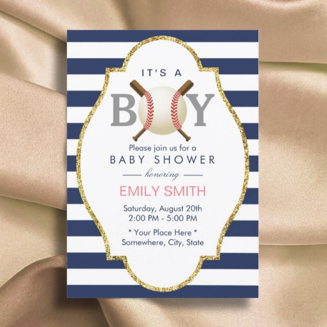 Baseball Themed Boy Navy Blue Stripes Baby Shower Invitation (Creator Uploaded)
