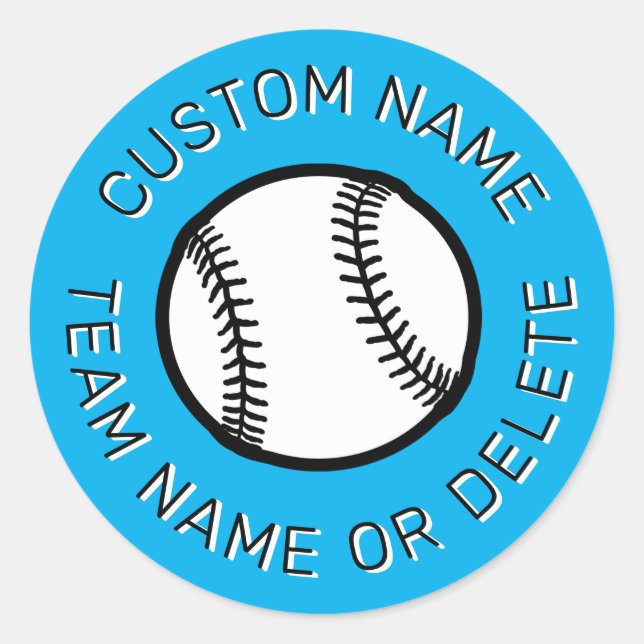 Baseball Themed Custom Colour Name & Team Text Classic Round Sticker (Front)