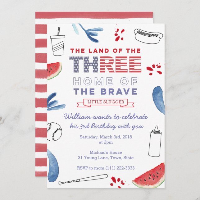 Baseball Third Birthday Invitation, hotdog and bat Invitation (Front/Back)