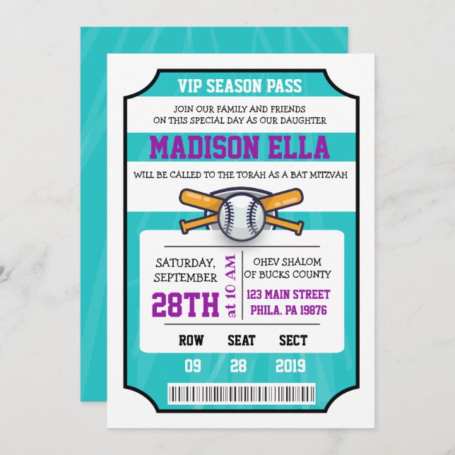 BASEBALL TICKET Bar Bat Mitzvah Invitation (Front/Back)