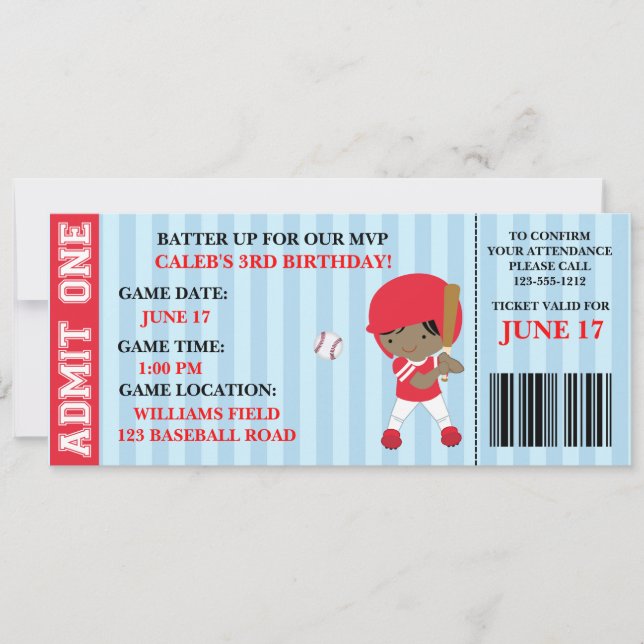 Baseball ticket birthday invitation customisable (Front)