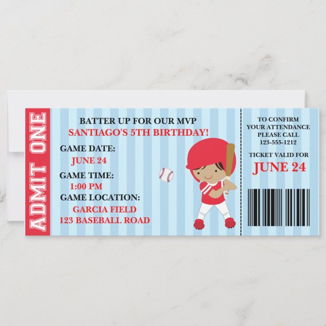 Baseball ticket birthday invitation customisable (Front)