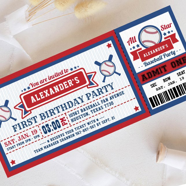 Baseball Ticket Pass Birthday Invitation Blue Red (Creator Uploaded)