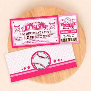 Baseball Ticket Pass Birthday Invitation Pink