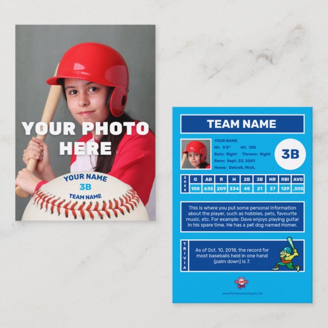 Baseball Trading Card Blue Back - Custom Stats (Front/Back)