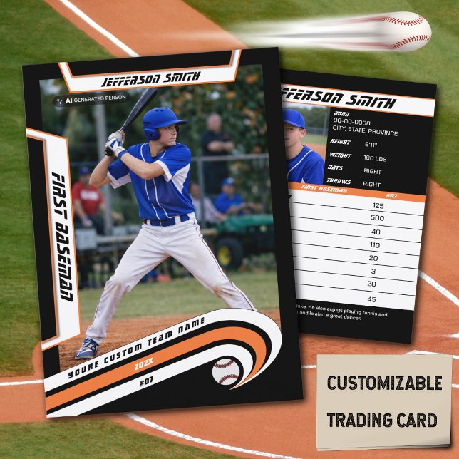 Baseball Trading Card Lively Orange Black (Baseball Player Trading Card in Black with Custom Team Name and White Orange Elements)