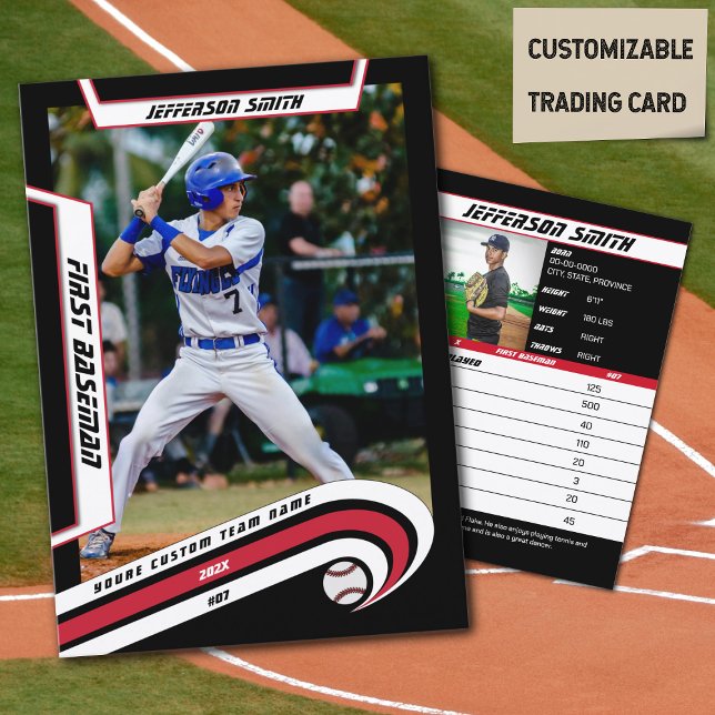 Baseball Trading Card Lively Red Black (Baseball Player Trading Card in Black with Custom Team Name and White Red Elements)