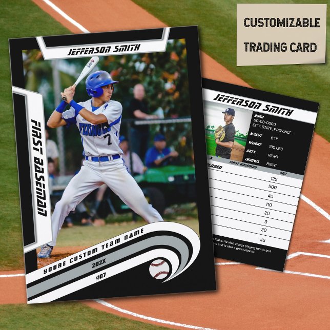 Baseball Trading Card Lively Silver Black (Baseball Player Trading Card in Black with Custom Team Name and White Silver Elements)