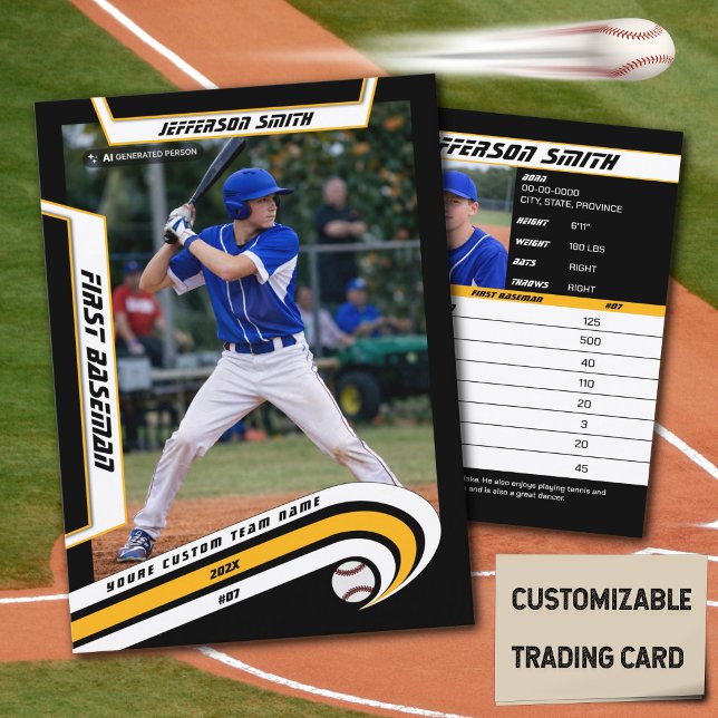 Baseball Trading Card Lively Yellow Black (Baseball Player Trading Card in Black with Custom Team Name and White Yellow Elements)