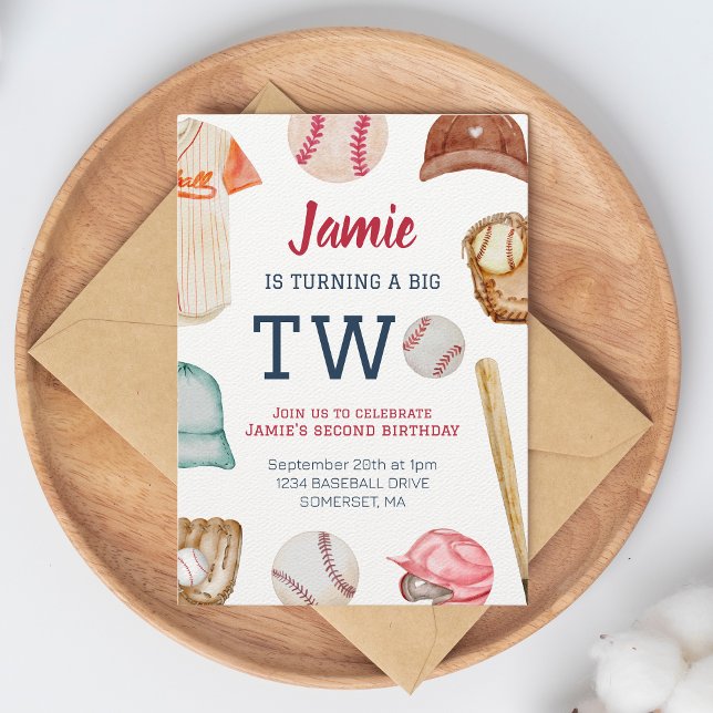 Baseball Turning Two Boy 2nd Birthday  Invitation (Turning two Invitation on wooden plate and envelope.)