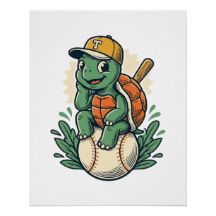 Baseball Turtle Vintage Engraving Graphic Design_1 Poster