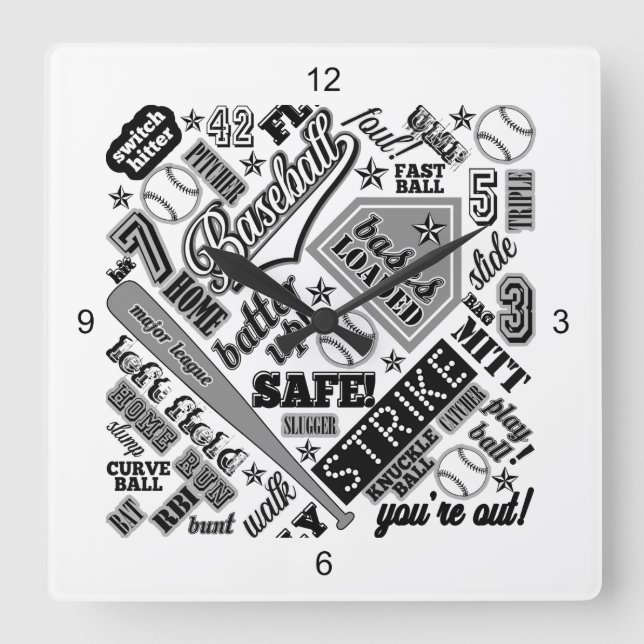 Baseball Typography Black White ID770 Square Wall Clock (Front)