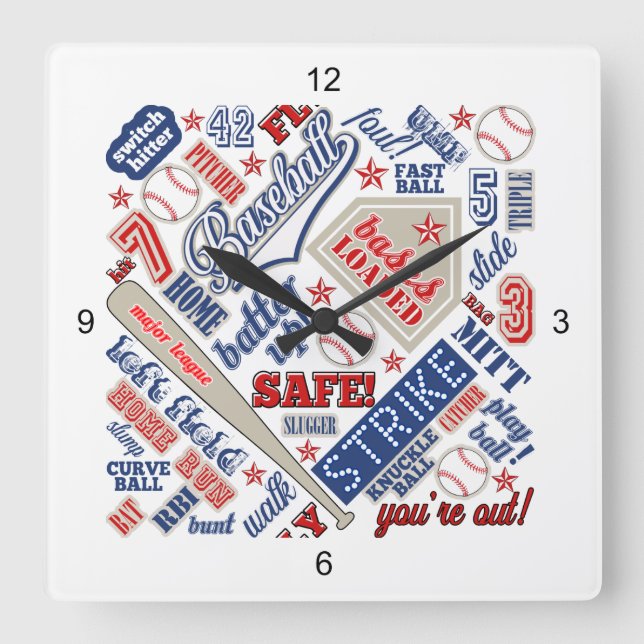 Baseball Typography Red White Blue ID770 Square Wall Clock (Front)