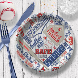 Baseball Typography Red White Blue Stripes ID770 Paper Plate