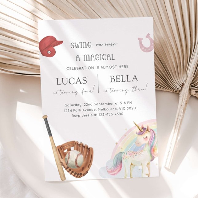 Baseball & Unicorn Siblings Joint Birthday Invitation (Creator Uploaded)