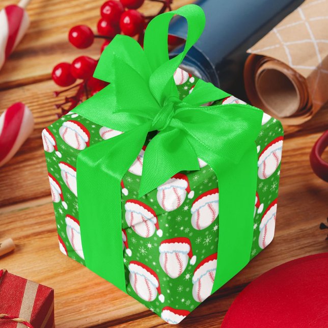 Baseball Wearing Santa's Hat & Snowflakes Green Wrapping Paper (Creator Uploaded)